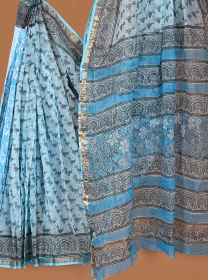 Sky Blue Kota Doria Saree with Swan Motifs & Floral Ajrakh-Inspired Pallu