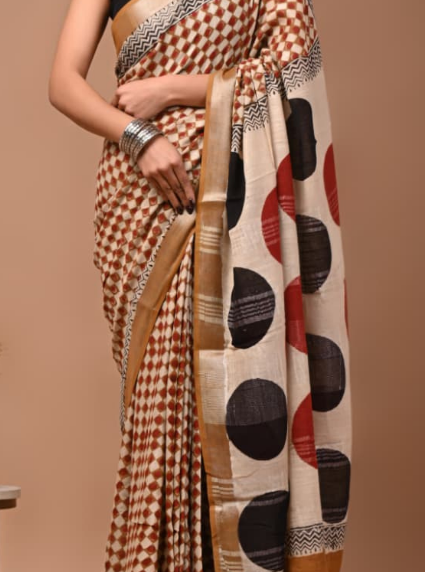 Beige Linen Cotton Saree with Geometric Print