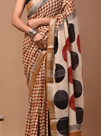 Beige Linen Cotton Saree with Geometric Print