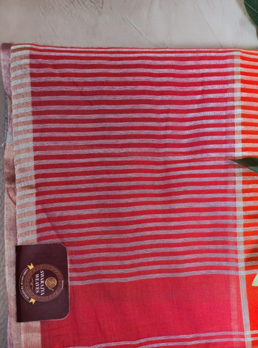 Sunset Coral Striped Mul Cotton Saree with Multicolor Tassels