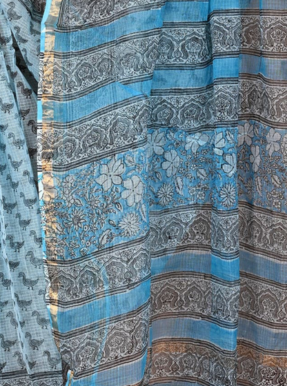 Sky Blue Kota Doria Saree with Swan Motifs & Floral Ajrakh-Inspired Pallu