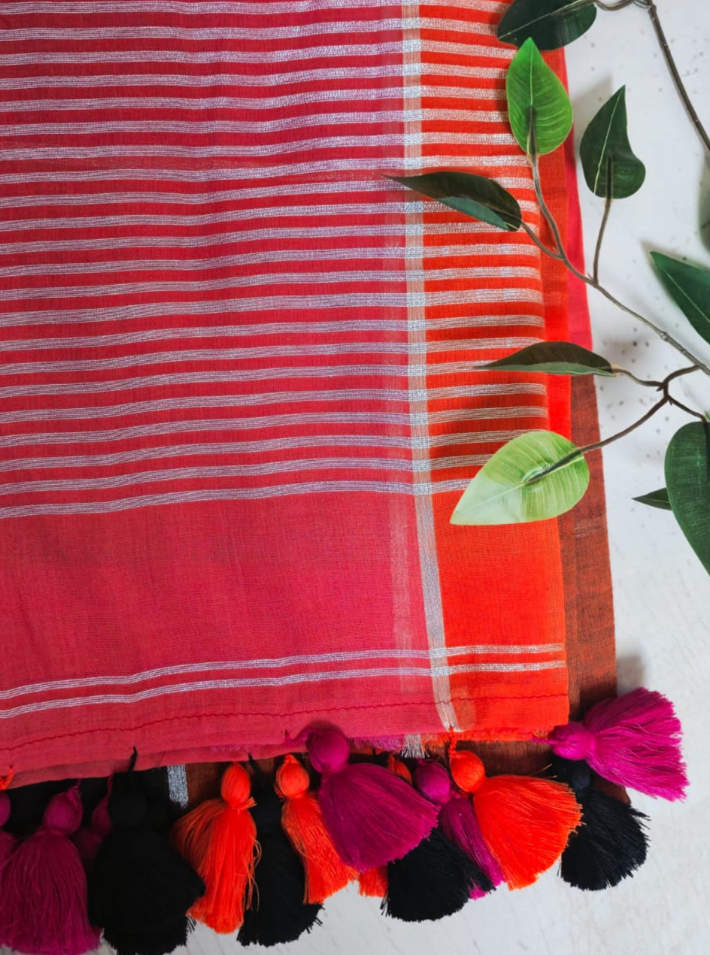 Sunset Coral Striped Mul Cotton Saree with Multicolor Tassels