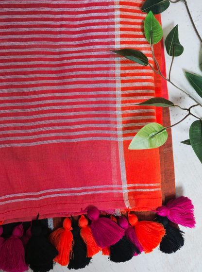 Sunset Coral Striped Mul Cotton Saree with Multicolor Tassels
