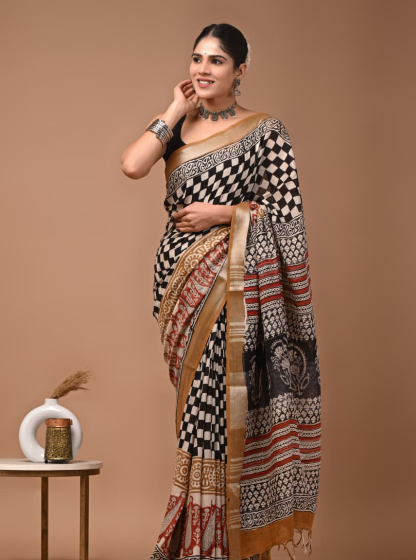 Black & Beige Linen Cotton Saree with Kalamkari Print