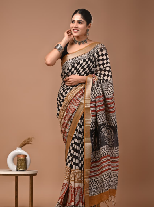 Black & Beige Linen Cotton Saree with Kalamkari Print