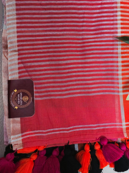 Sunset Coral Striped Mul Cotton Saree with Multicolor Tassels
