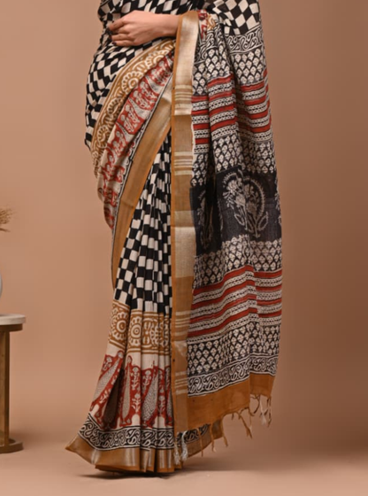 Black & Beige Linen Cotton Saree with Kalamkari Print