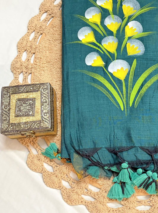 Teal Mul Cotton Saree with Handpainted Floral Motif & Tassel Pallu