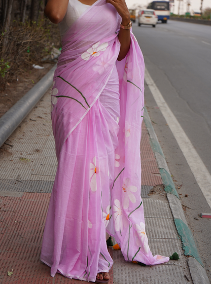 Pastel Pink Hand-Painted Mul Cotton Saree with Floral Art