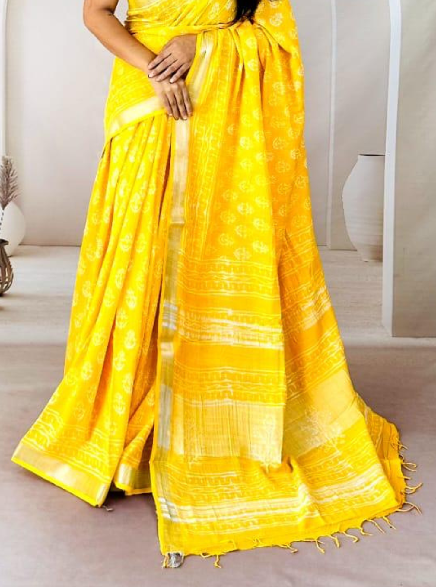 Sunshine Yellow Hand-Printed Linen Cotton Saree with Classic Borders