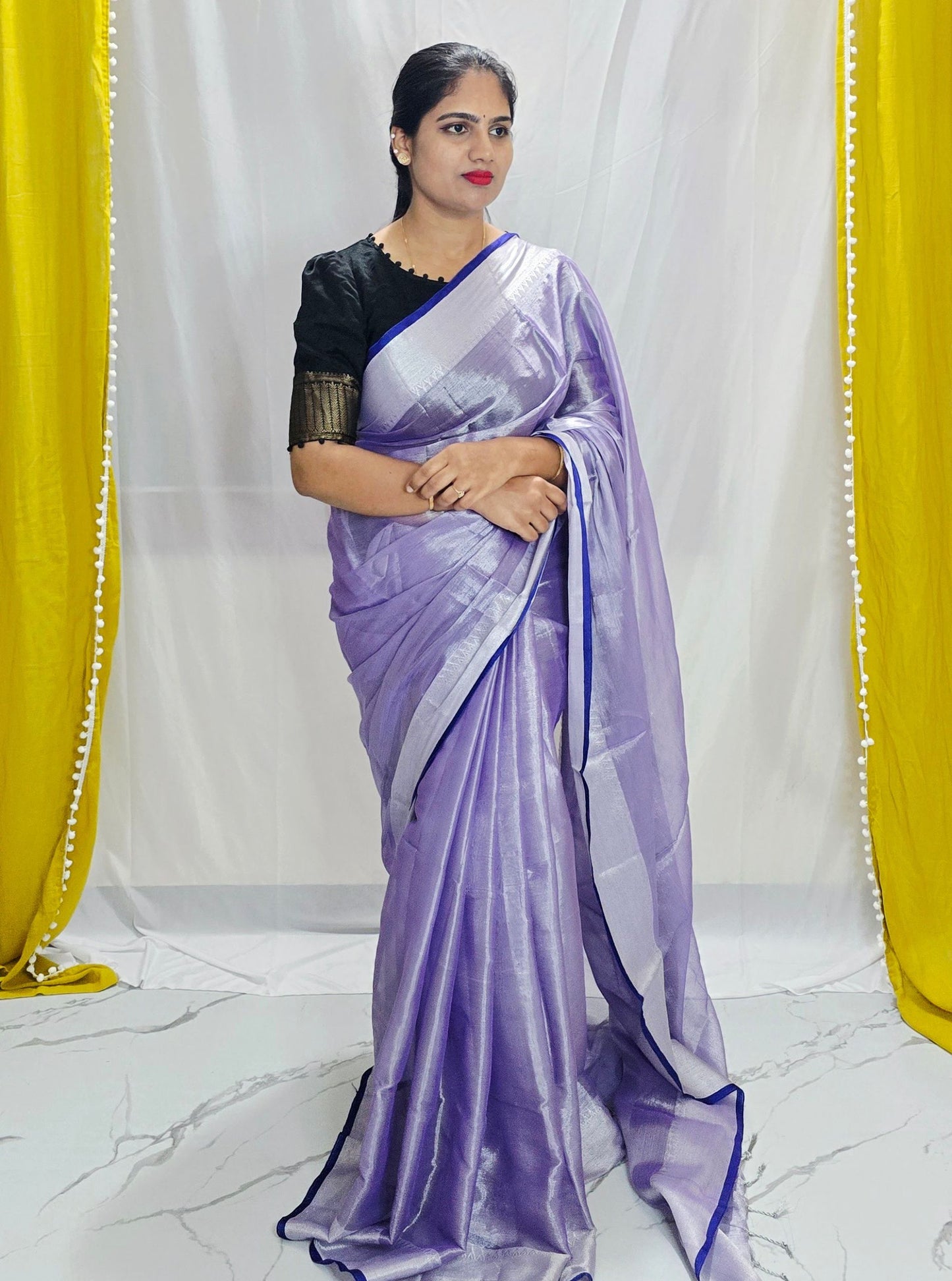 Soft Lavender Tissue Cotton Saree with Silver Border & Royal Blue Selvedge