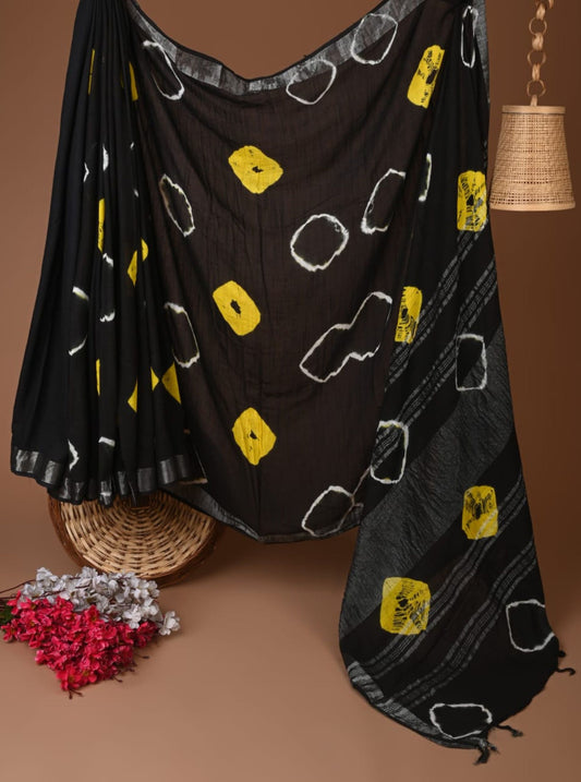 Black Linen Cotton Saree with Mustard & White Abstract Block Motifs