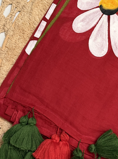 Red Hand-Painted Mul Cotton Saree with Bold Floral Motif & Tassel Pallu