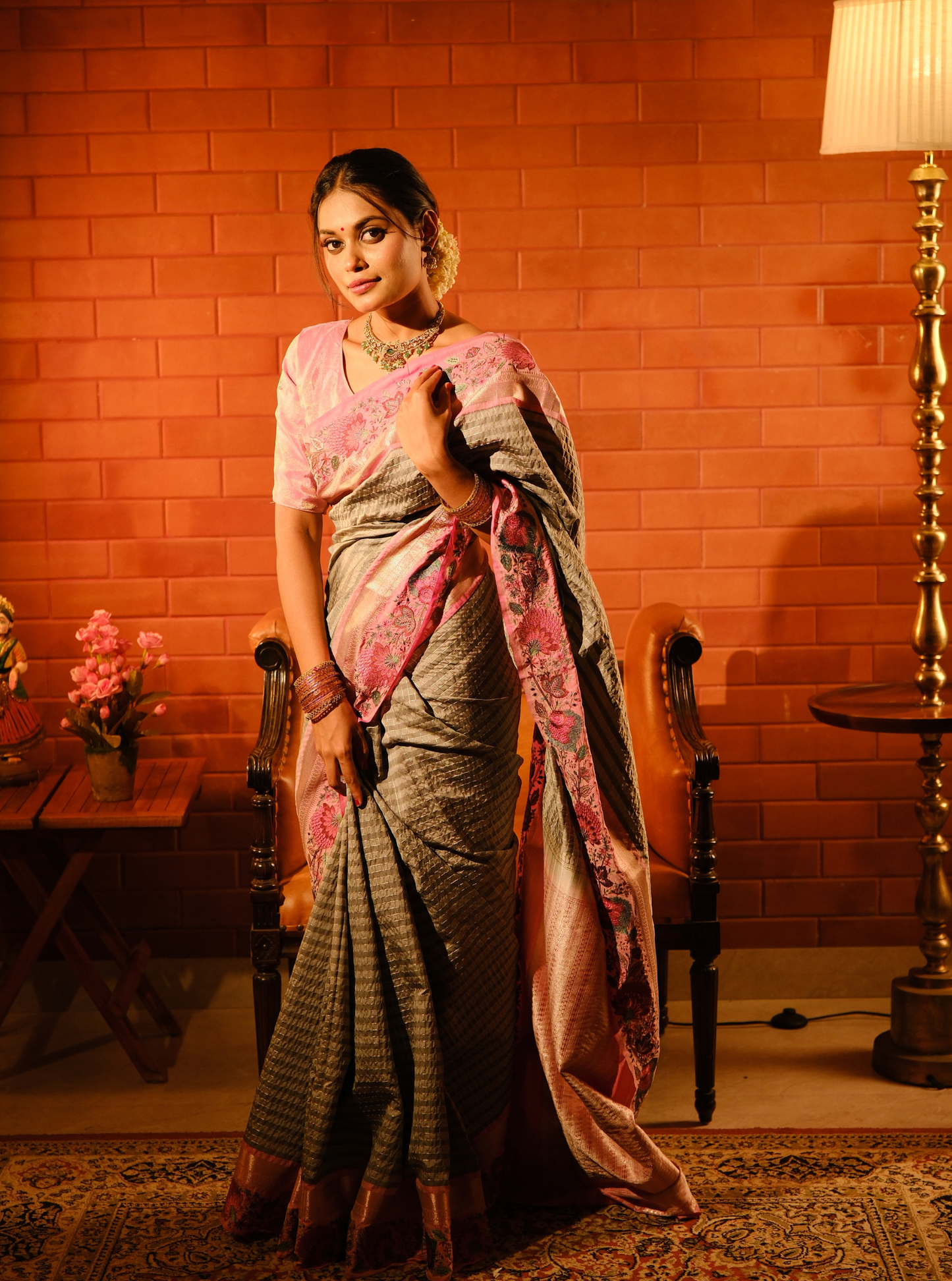 Elegant Grey Designer Silk Saree with Pink Embroidered Border