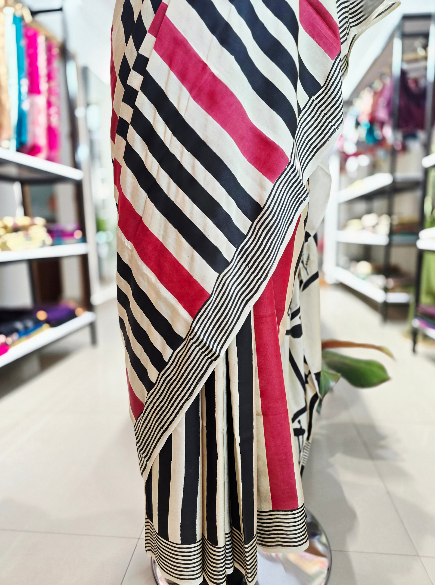 Chic Striped Modal Silk Saree in Black, White & Red