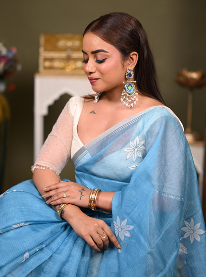 Sky Blue Kota Applique Cutwork Saree with Floral Detailing
