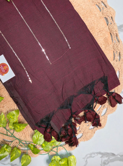 Classic Maroon Mul Cotton Saree with Subtle Sequin Stripes & Tassel Pallu