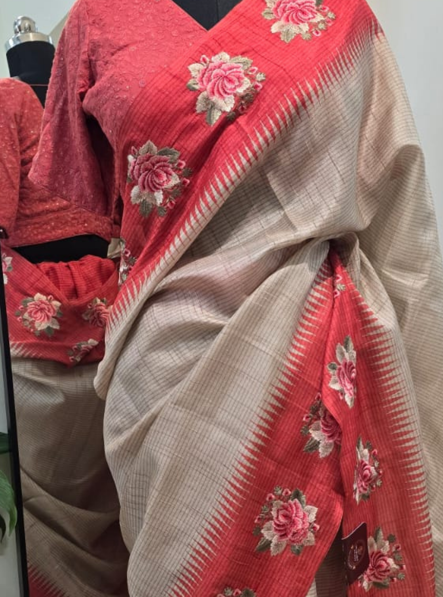 Beige Tussar Saree with Coral Red Border & Floral Embroidery