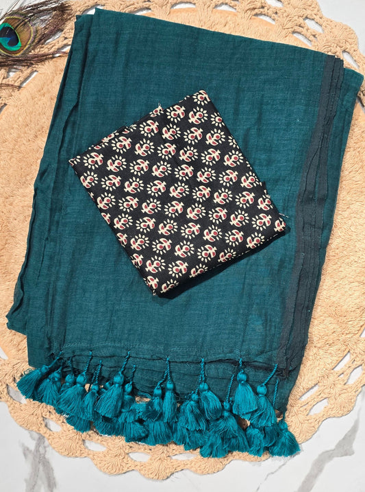 Teal Green Mul Cotton Saree with Handcrafted Tassels & Printed Blouse
