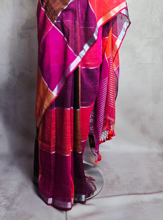 Vibrant Multicolor Linen Cotton Saree with Contemporary Checks