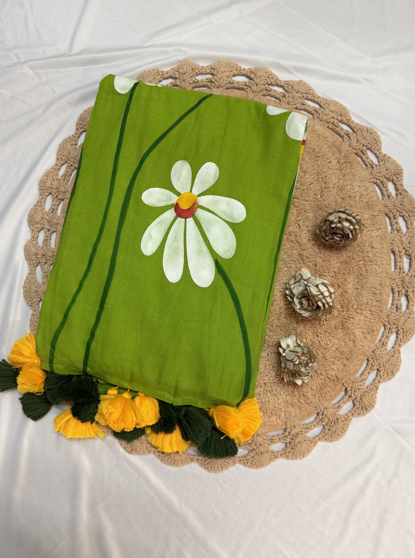 Fresh Light Green Hand-Painted Mul Cotton Saree with Floral Design & Tassels