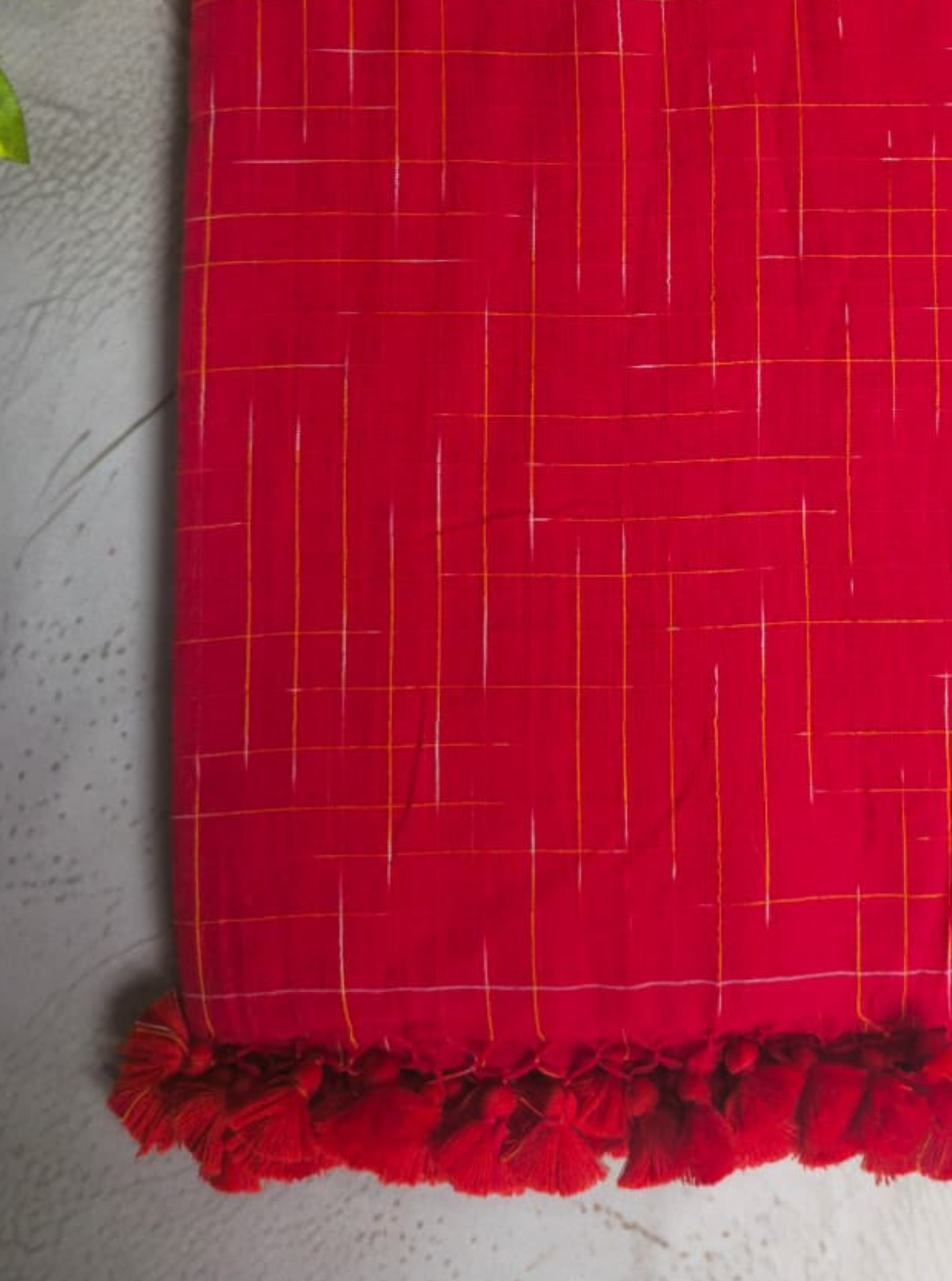 Bright Red Mul Cotton Saree with Minimal Check Weave