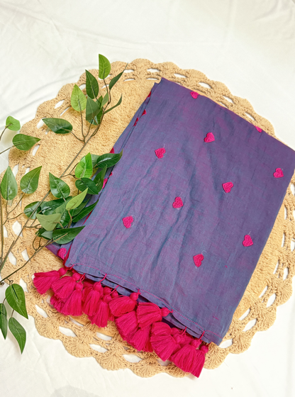 Twilight Purple Mul Cotton Saree with Pink Heart Motifs & Tassels