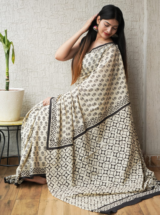 Elegant Beige Cotton Saree with Minimal Motifs & Geometric Printed Border