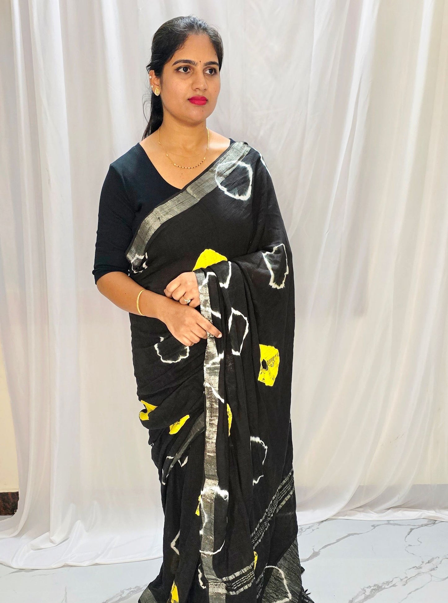Black Linen Cotton Saree with Mustard & White Abstract Block Motifs
