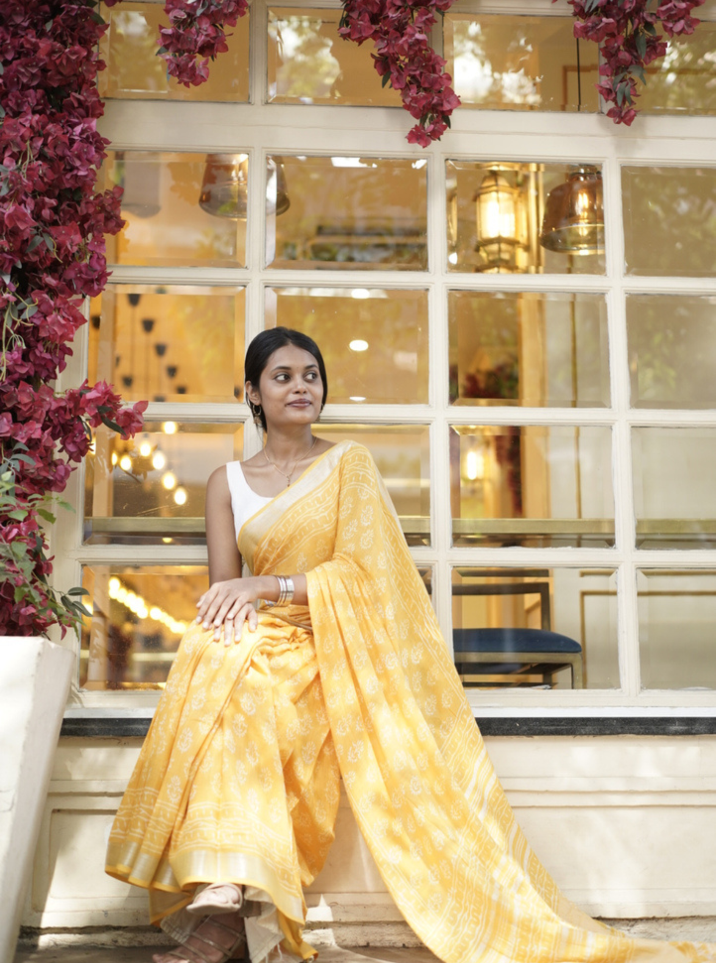 Sunshine Yellow Hand-Printed Linen Cotton Saree with Classic Borders