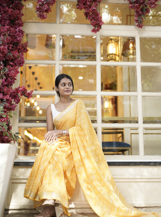 Sunshine Yellow Hand-Printed Linen Cotton Saree with Classic Borders
