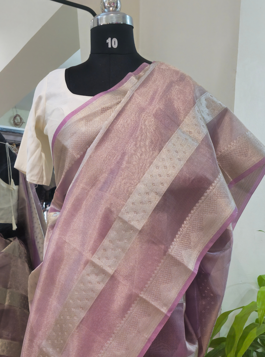 Pastel Pink Tissue Kora Silk Saree with Elegant Zari Border