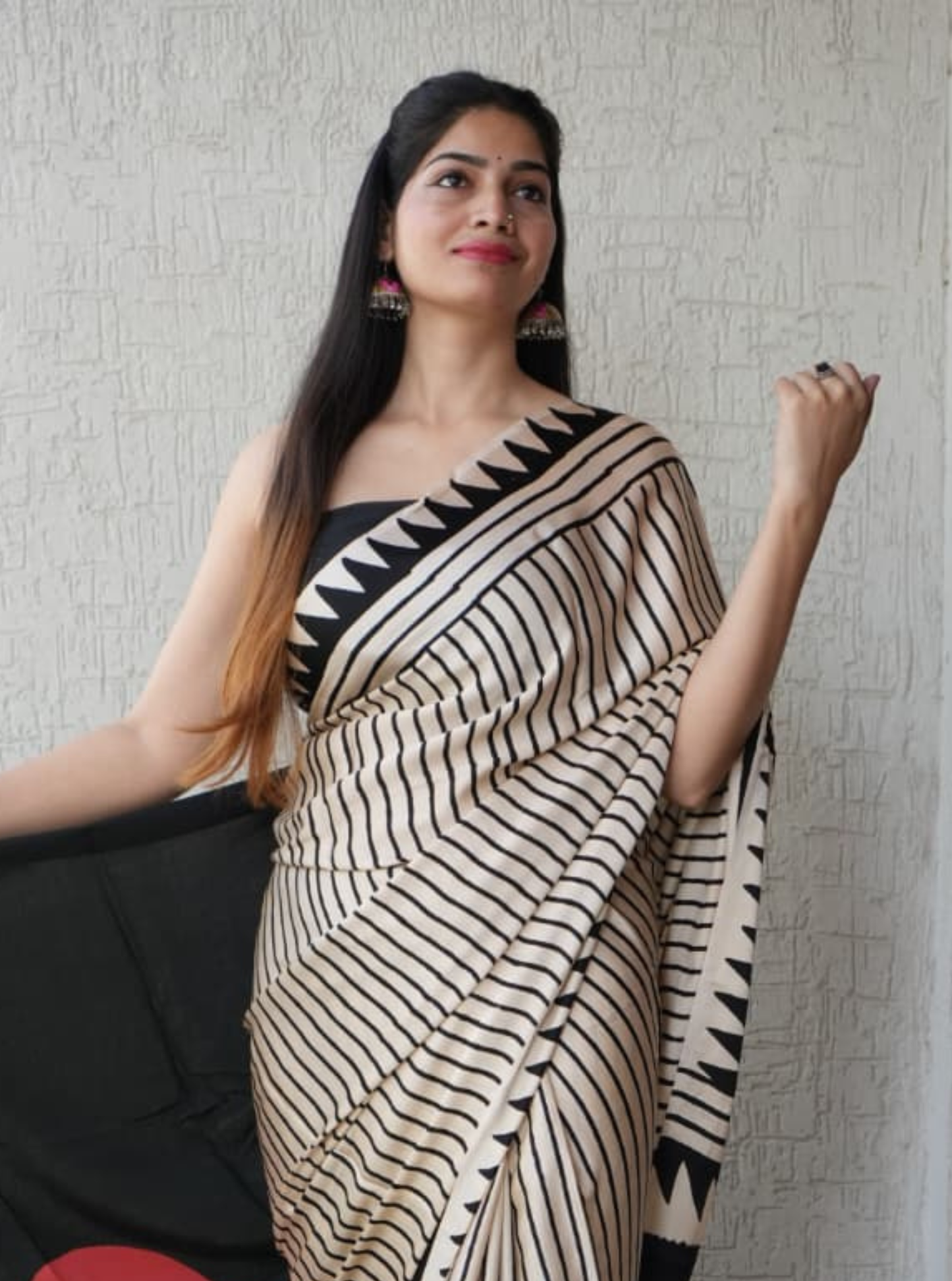 Ivory Stripes & Crimson Moon Modal Silk Hand-Blocked Ajrakh Saree