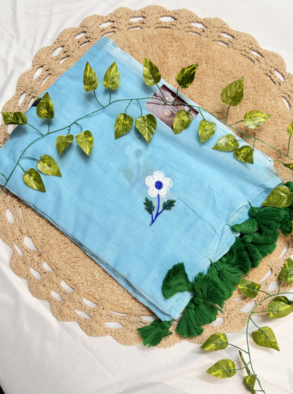 Sky Blue Mul Cotton Saree with Floral Embroidery & Green Tassels