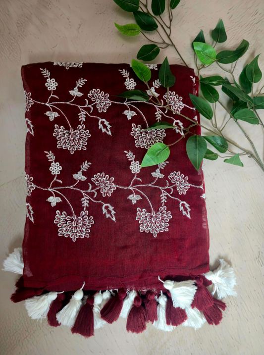 Maroon Mul Cotton Saree with Floral Embroidery & Dual Tassels