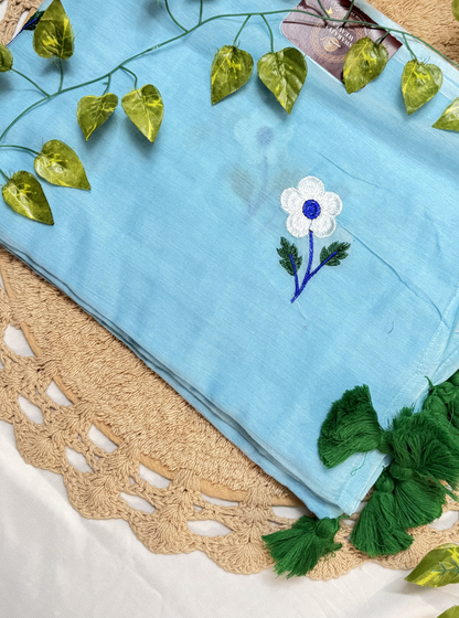 Sky Blue Mul Cotton Saree with Floral Embroidery & Green Tassels