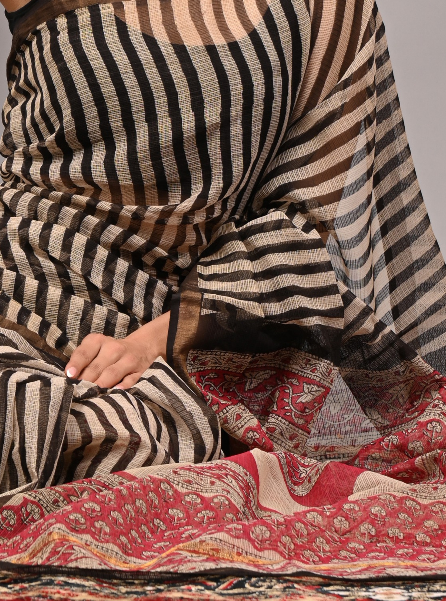 Elegant Kota Doria Ajrakh Saree with Classic Stripes & Handcrafted Pallu