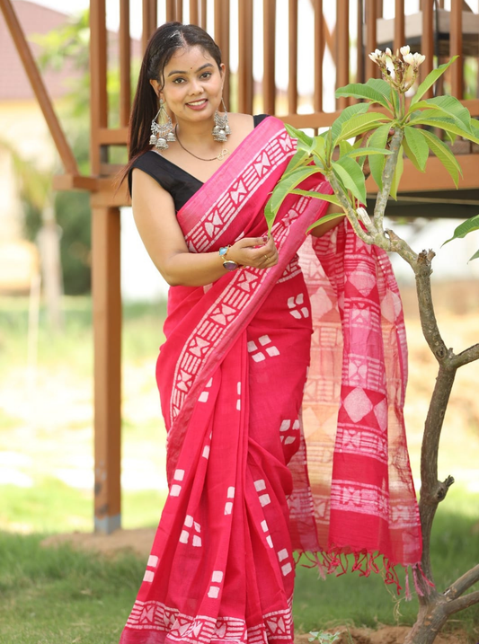 Red Linen Cotton Saree with Traditional Weave