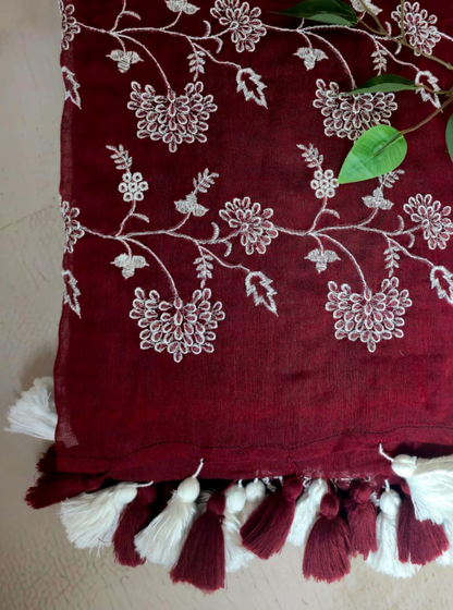 Maroon Mul Cotton Saree with Floral Embroidery & Dual Tassels