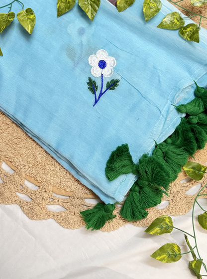Sky Blue Mul Cotton Saree with Floral Embroidery & Green Tassels