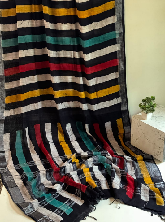 Black Multicolor Striped Cotton Linen Saree
