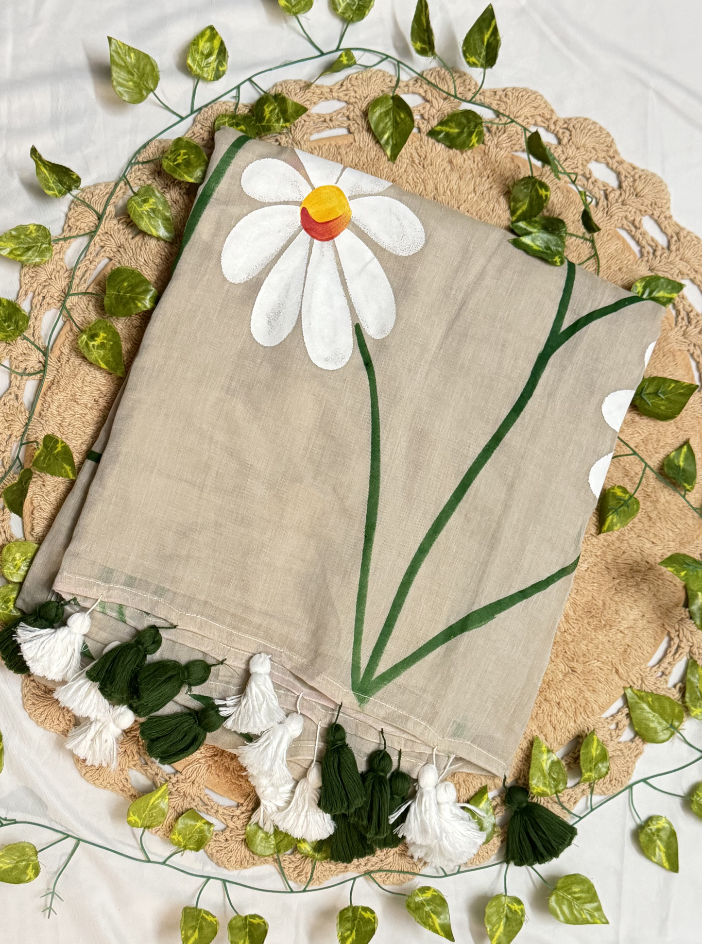Beige Mul Cotton Saree with Hand-Painted Daisy Floral Design & Contrast Tassels