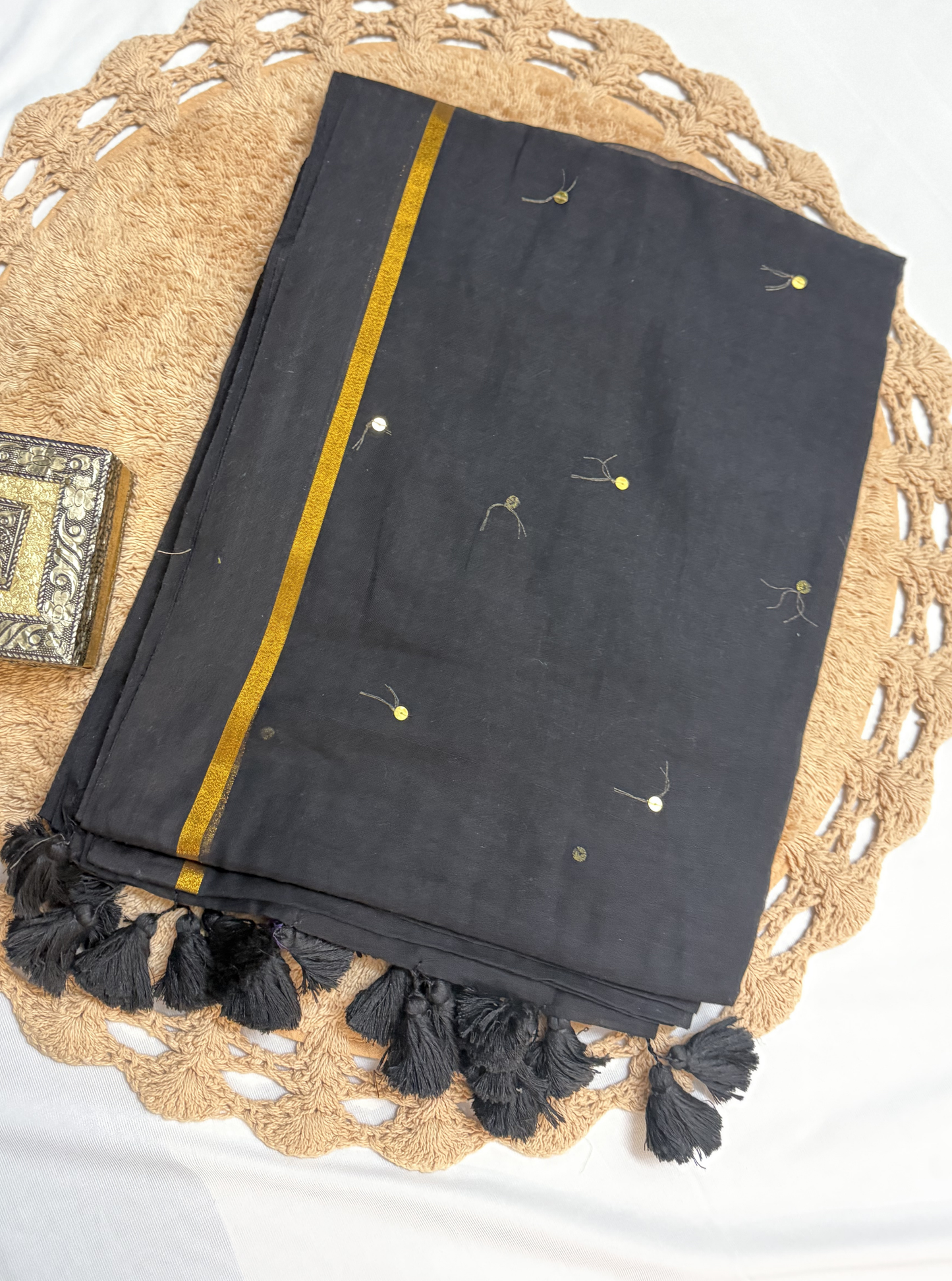 Classic Black Mul Cotton Saree with Gold Accents & Tassels