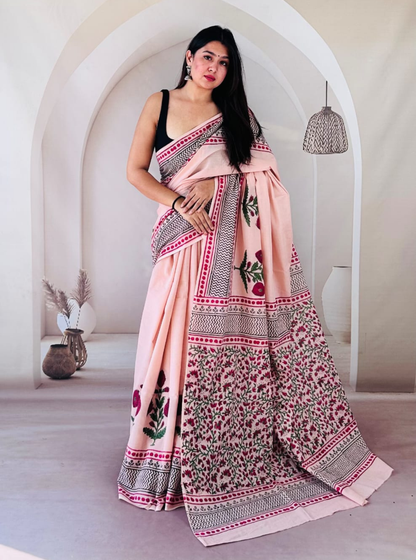 Peach Cotton Jaipur Bagru Print Saree