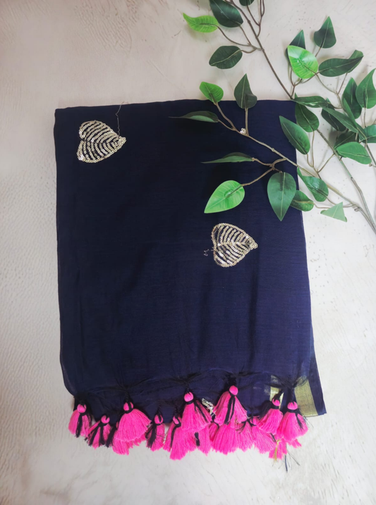 Navy Blue Mul Cotton Saree with Gold Motifs & Pink Tassels