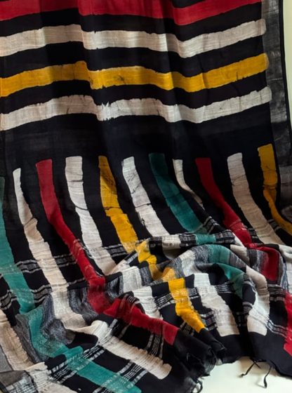 Black Multicolor Striped Cotton Linen Saree