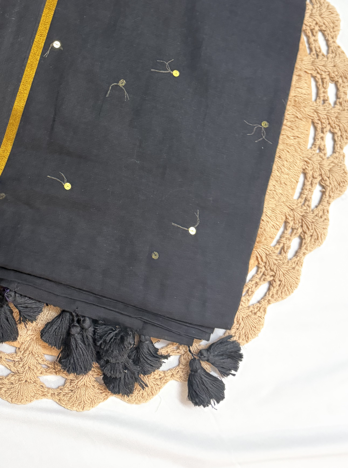 Classic Black Mul Cotton Saree with Gold Accents & Tassels