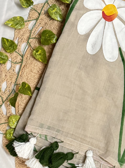 Beige Mul Cotton Saree with Hand-Painted Daisy Floral Design & Contrast Tassels