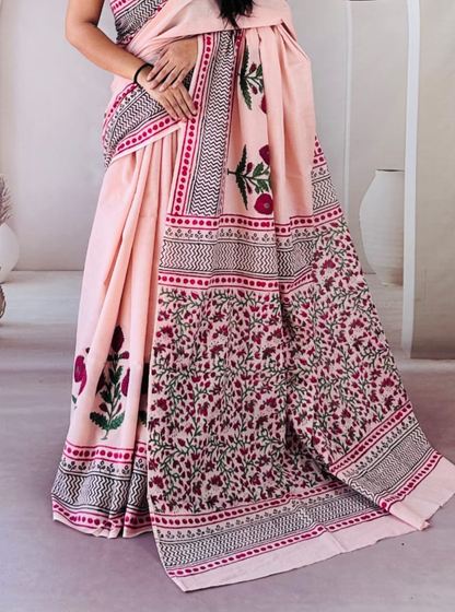 Peach Cotton Jaipur Bagru Print Saree
