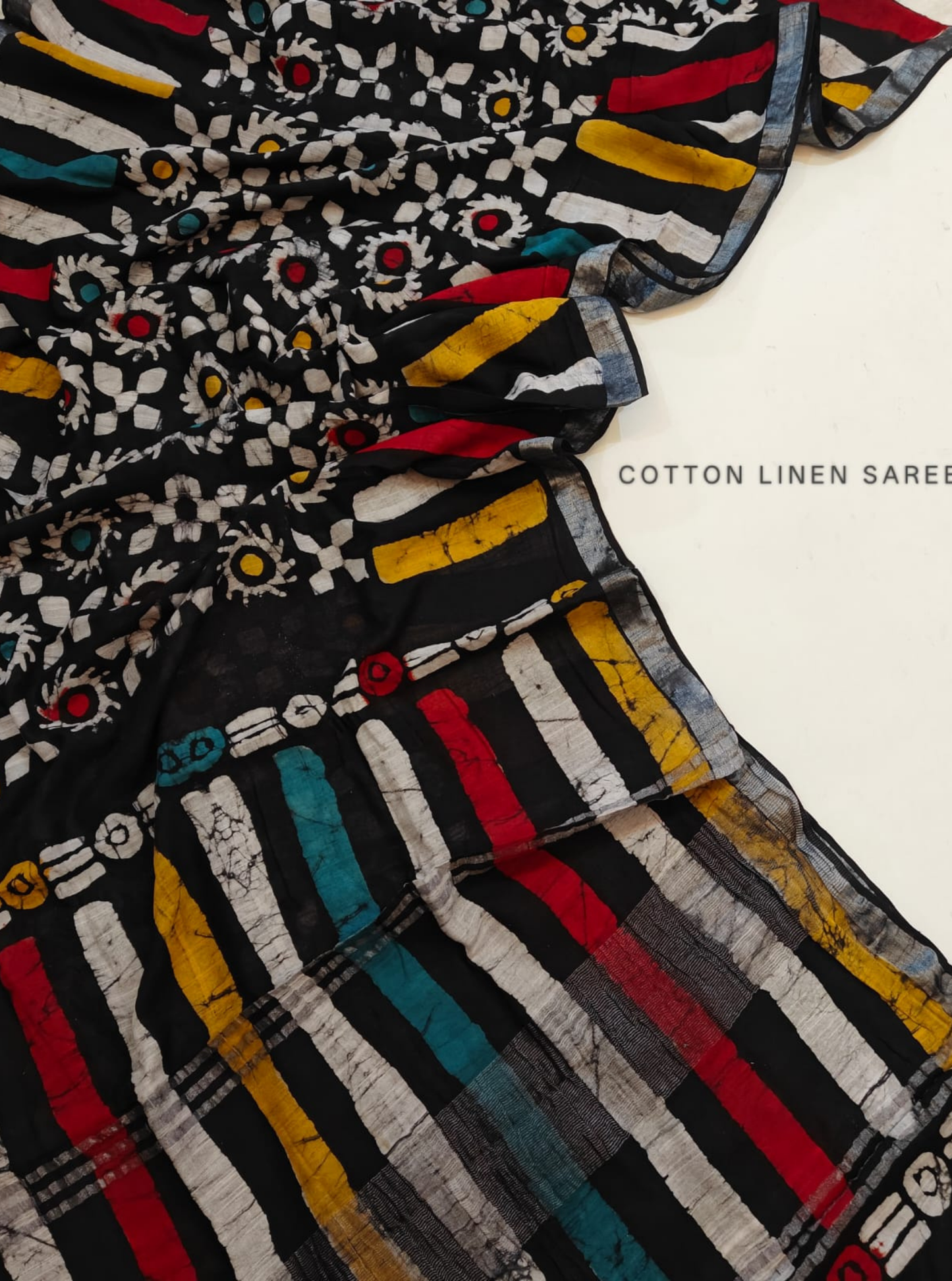 Black Cotton Linen Saree with Multicolor Batik Stripes & Floral Motifs